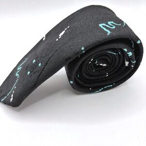 Vintage Doneagle Skinny Tie Paint Splatter Black Teal White 1980s